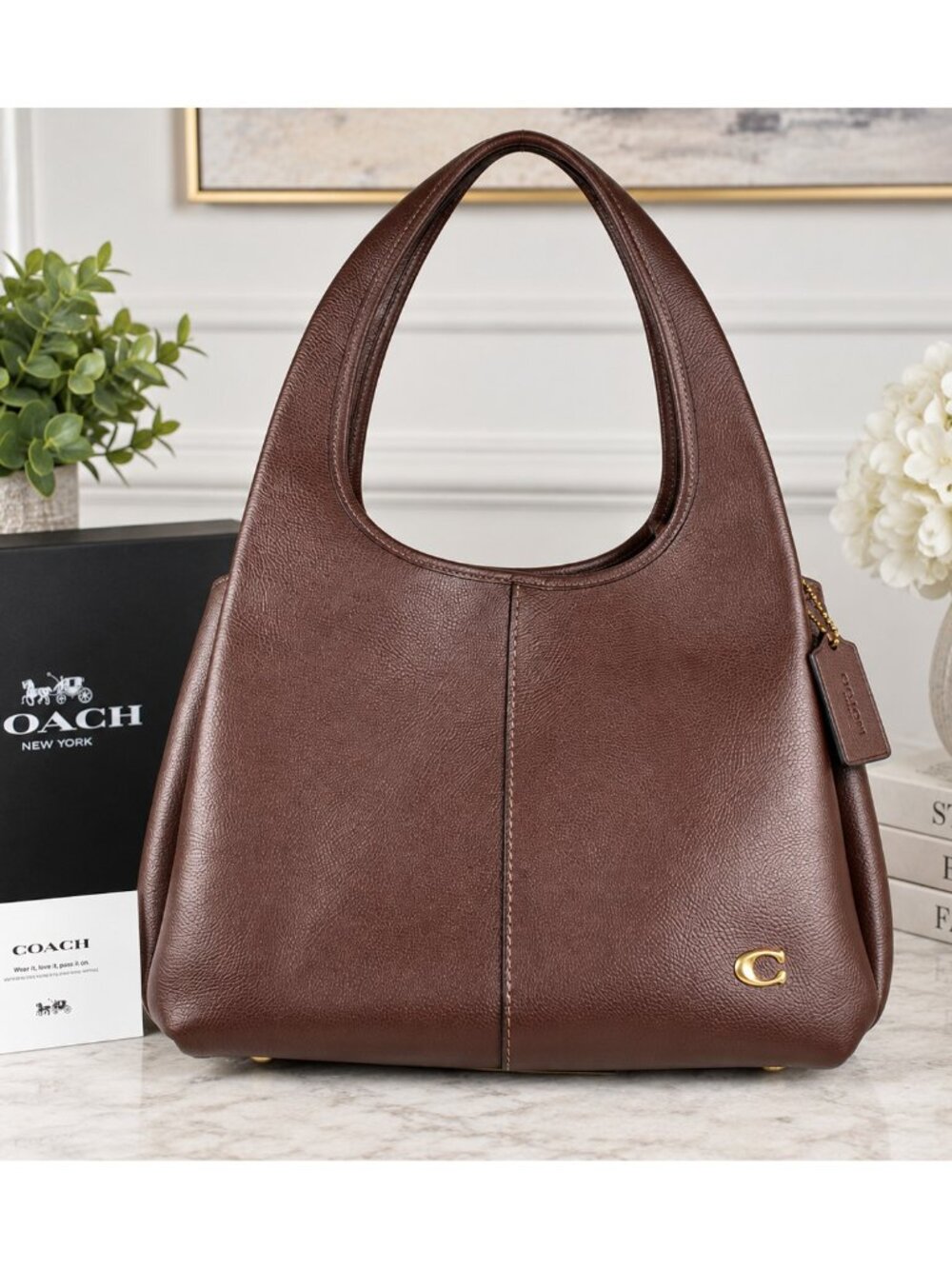 Coach Lana Shoulder Bag CM544 Brass/Maple Brown Polished Pebble Leather